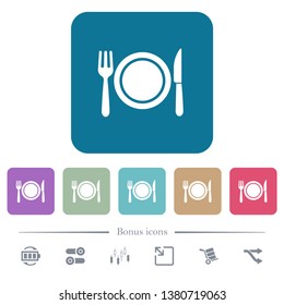 Dinner white flat icons on color rounded square backgrounds. 6 bonus icons included