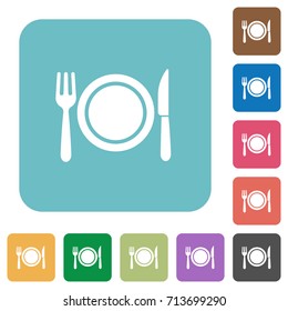 Dinner white flat icons on color rounded square backgrounds