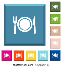 Dinner white icons on edged square buttons in various trendy colors