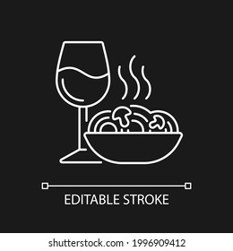 Dinner white linear icon for dark theme. Spaghetti and wine glass. Romantic meal. Restaurant order. Thin line customizable illustration. Isolated vector contour symbol for night mode. Editable stroke