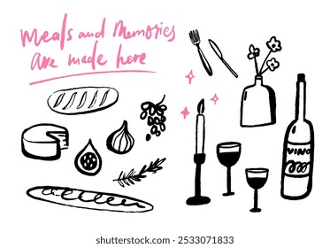 Dinner with wine doodles illustration set. Inspirational quote meals and memories are made here. Cafe or kitchen trendy vector drawings for menu and wall art design, black on white background.