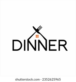 Diseño de ilustración de palabras de la cena con la horquilla y el cuchillo formando un techo en la letra N. Cena en casa.