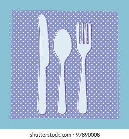 Dinnertime background with drawings of fork, knife and spoon (cutlery) on polkadot pattern