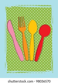 Dinnertime background with drawings of fork, knife and spoon (cutlery) in retro colours