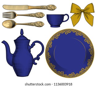 Dinnerware, cutlery and red bow in old style. Vintage stylized drawing. Vector illustration