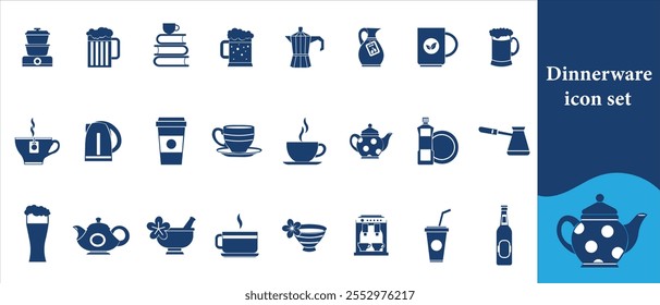 Geschirr-Icon-Set, Esszimmer, fett, metallic, Café, Geschirr, Licht, Utensilien, Tischeinstellung, Linie, Schnittstelle, Piktogramm, Küche, Umriss, Web, dunkel, normal, Ort Einstellung, Essen, Essen, Gabel, Essen,