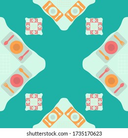 dinnerware on top table pattern background seamless,tableware decorative texture,A plate with a fork and spoon.