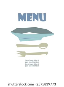 Dinnerware - plate, spoon and fork. Modern simple minimalist menu template. Dining room, cafe. Wall art vector design.