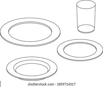 Dinnerware set. Contour of cups and plates.