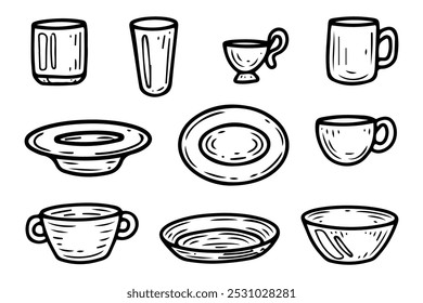 Dinnerware definir mão desenhado rabiscar. Copo de vidro, caneca de cerâmica, placa, tigela de salada. Beba bebida. Coma comida. Louça. Utensílios de cozinha. Configuração da mesa de jantar. Ilustração da arte da linha de esboço do vetor.