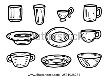 Dinnerware set hand drawn doodle. Glass cup, ceramic mug, plate, salad bowl. Drink beverage. Eat food. Tableware. Kitchen utensils. Dinner table setting. Vector sketch line art illustration.