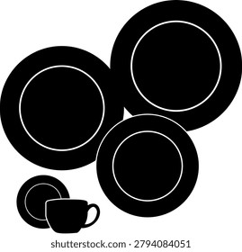 Dinnerware set silhouette vector icon. Tableware plates and tea cup isolated on white.Black silhouette illustration of a ceramic dinnerware set, including three plates of different sizes and a coffee or tea cup with a saucer. Minimalist kitchenware graphic element for restaurant, cafe, or menu design.