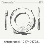 Dinnerware set. Top view of plate, fork and knife on the table. Hand drawn vector illustration