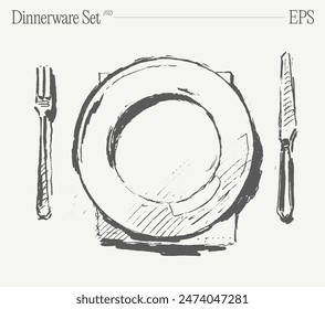 Dinnerware set. Top view of plate, fork and knife on the table. Hand drawn vector illustration