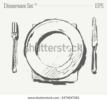Dinnerware set. Top view of plate, fork and knife on the table. Hand drawn vector illustration