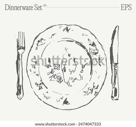 Dinnerware set. Top view of plate, fork and knife on the table. Hand drawn vector illustration