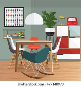 Dinning room with furniture set. Cozy room interior with table, stove, cupboard and dishes. Flat style vector illustration.