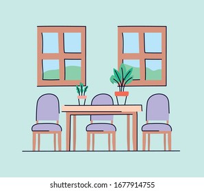 Sala de comedor con diseño de mesa y sillas, Decoración de la casa edificio interior y decoración residencial Ilustración vectorial
