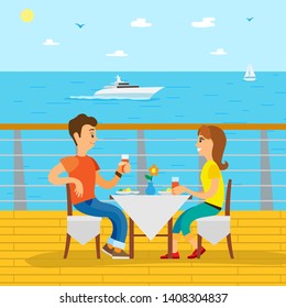 Dinning time of man and woman on cruise ship, side view of couple sitting at serevered table, people eating outdoor, ocean view with yacht vector