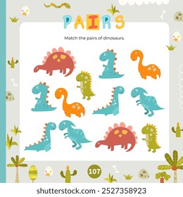 Atividades de dino para crianças. Encontre os pares corretos para Dinossauros. Ilustração vetorial. Jogo de correspondência. Página quadrada do Livro de Atividades.