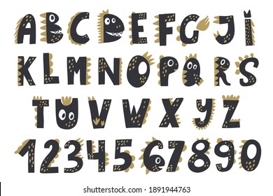 Dino alphabet abc. Bright letters in the style of dinosaurs. Grey and golden color. Scandinavian style. Kids Font