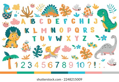 Dino and alphabet collection. Set of animals BC, history and paleontology. Poster or banner for website. Pterodactyl and Tyrannosaurus. Cartoon flat vector illustrations isolated on white background