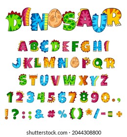 Dino alphabet. Font elements, creative dinosaur style letters and numbers. Colorful kids abc, funny childish decorative comic garish vector text