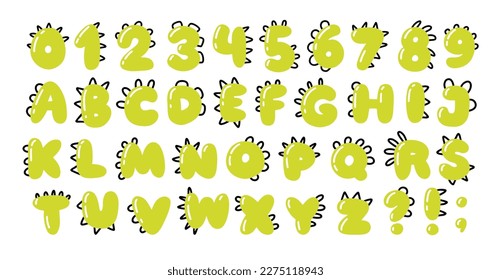 Dino alphabet and numbers. Funny comic font in the style of a simple hand-drawn cartoon with manes of dinosaurs, dragons or monsters. Green isolated doodles on a white background