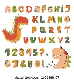 Dino alphabet and numbers set in hand-drawn style. Perfect for kids, posters, and creative projects