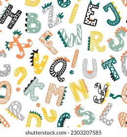 Dino alphabet seamless vector pattern. ABC letters in the style of dinosaurs. Colorful alphabet pattern in simple cartoon style for printing on childish textiles, educational materials