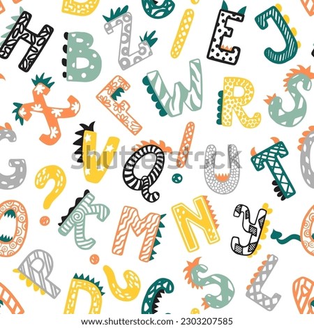 Dino alphabet seamless vector pattern. ABC letters in the style of dinosaurs. Colorful alphabet pattern in simple cartoon style for printing on childish textiles, educational materials
