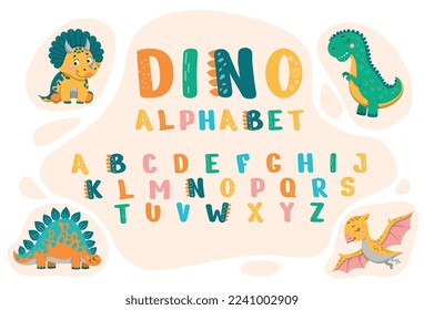 Dino alphabet set. Collection of graphic elements for website. Educational materials for children. BC animals, dream and fantasy. Cartoon flat vector illustrations isolated on white background