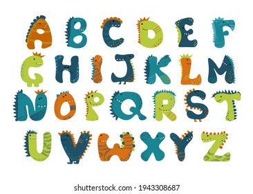 Dino alphabet Vector funny comic letters in cartoon style. Cute dinosaur abc illustration for kids, nursery, poster, card, birthday party, packaging paper design, baby t-shirts. Animal doodle font.