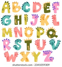Dino Alphabet. Vector funny comic Cartoon dino font. Bright modern illustration for kids, nursery, poster, cards, birthday party, packaging paper design. Alphabet dinosaur, abc kids letter typography