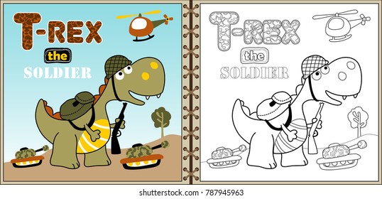 Dino army cartoon vector with soldier equipment, military elements cartoon, coloring book or page