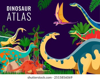 Cubierta del libro del atlas del dinosaurio con los personajes prehistóricos de la historieta, fondo del Vector. Libro de paleontología para niños y atlas de lagartos prehistóricos con dinosaurios de la era del Jurásico o Cretácico en el bosque