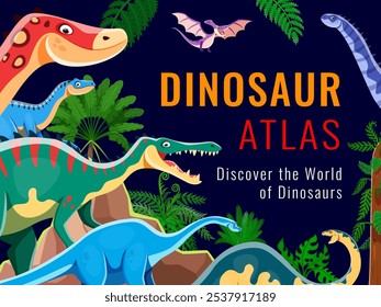 Dino atlas book cover with prehistoric dinosaur characters and Jurassic lizards, vector background. Kids paleontology atlas or dinosaurs encyclopedia book cover with funny cartoon prehistoric lizards