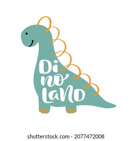Dino baby cute print. Boy lettering slogan Dinoland. Cool illustration for nursery t-shirt, kids apparel, invitation. Simple scandinavian child design.
