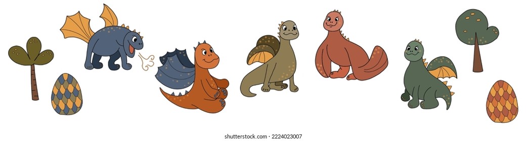 Dino and baby dragons set. Vector illustration
