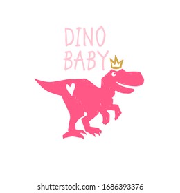Dino baby. Funny cartoon dino girl. Cute baby dinosaur design for cool girl t-shirt. Doodle vector illustration on white background.
