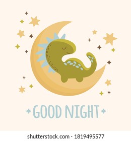 DINO BABY MOON Hand Drawn Flat Design Grunge Style Cartoon Prehistoric Animal Moon Vector Illustration Apparel Print