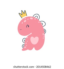 Dino baby princess. Dinosaur girl wearing a crown. Cute simple childish hand-drawn cartoon doodle scandinavian style. Vector illustration. Isolate on a white background. Pastel palette