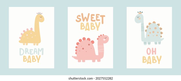 Dino Baby Princess Poster With Cute Lettering. Childish Simple Hand Draw Style Pastel Palette Cute Print Vector