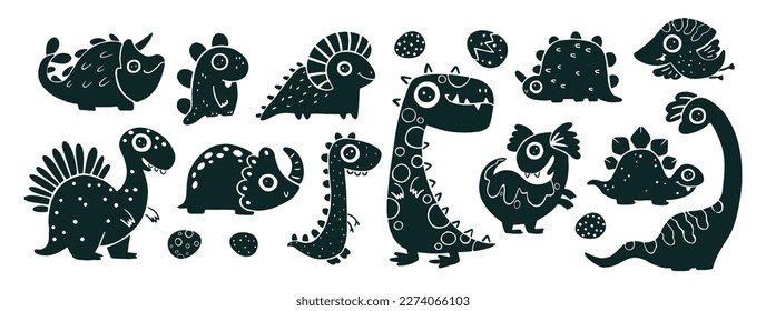 Dino baby set black linocut. A collection of cute monochrome dinosaurs in a simple childish hand-drawn style. Isolated vector characters on a white background.