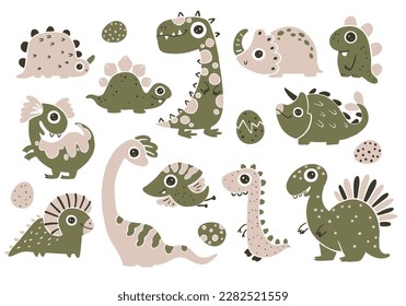 Dino baby set linocut. A collection of cute monochrome dinosaurs in a simple childish hand drawn style. Isolated vector characters on a white background. Green limited palette