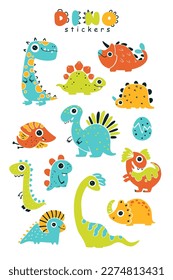 Dino baby stickers set. A collection of cute colorful dinosaurs in a simple childish hand-drawn style. Isolated vector characters on a white background. Bright limited palette