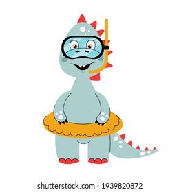 Dino baby in swimming mask and rubber ring. Dinosaur cartoon vector illustration.