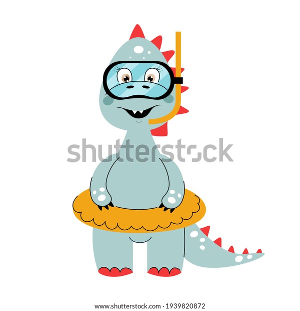 Dino baby in swimming mask and rubber ring. Dinosaur cartoon vector illustration.