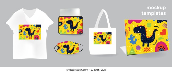 Dino background with Mockup templates vector illustration. tote bag, pouch, t-shirt, mask, skin laptop