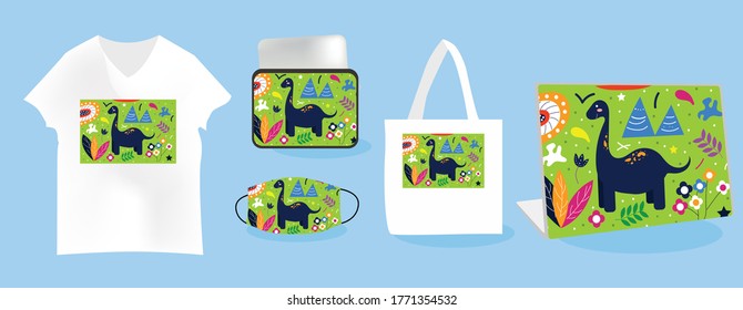 Dino background with Mockup templates vector illustration. tote bag, pouch, t-shirt, mask, skin laptop